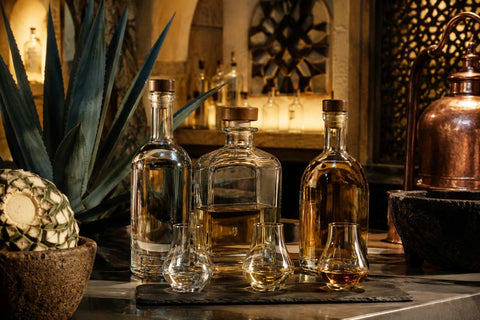 tequila bottles and tasting glasses arranged beside blue agave leaves in a warm, premium bar setting