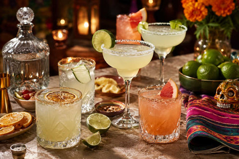 Tequila cocktails and margarita-style drinks arranged with citrus garnishes and colorful Mexican-inspired decor for Cinco de Mayo