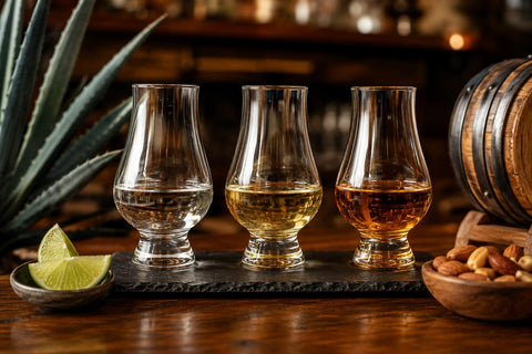 Three tequila tasting glasses showing clear, golden, and amber tones with agave leaves, lime, nuts, and a small oak barrel.
