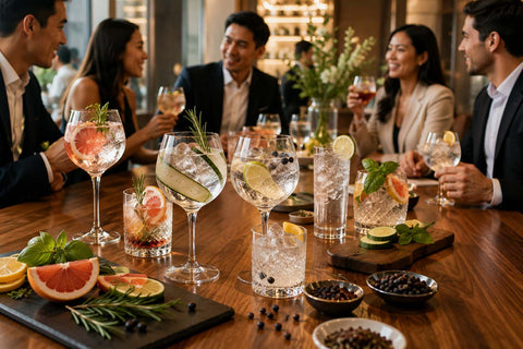 Professionals enjoying assorted gin cocktails with citrus, herbs, and juniper berries on a wide table at a refined social gathering