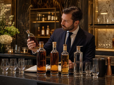 Hospitality professional reviewing unlabeled premium spirit bottles with tasting glasses and notes on an elegant bar counter