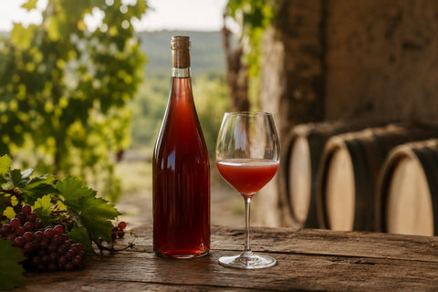 Natural wine bottle and cloudy red wine glass on a rustic wooden table in a vineyard cellar