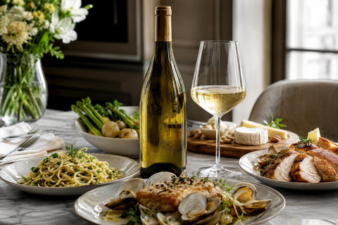 Chardonnay wine served with seafood, pasta, roasted chicken, vegetables, and cheese pairings