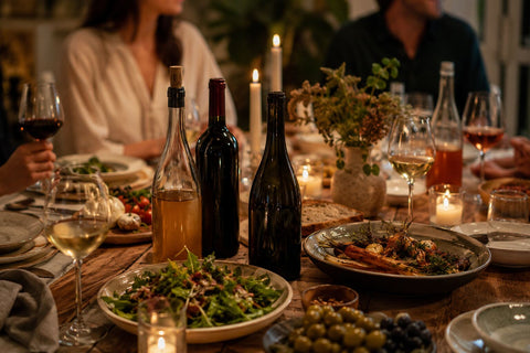 Natural wine bottles and glasses on an elegant dinner table with candles and shared dishes