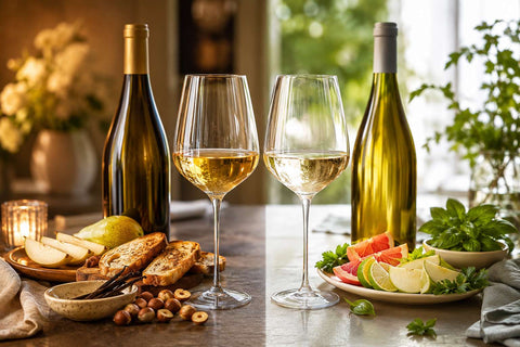 Chardonnay and Sauvignon Blanc compared side by side with fruit, herbs, toast, vanilla, and nuts