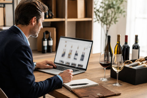 Professional buyer browsing wine options online with wine bottles, glasses, and notes on a desk