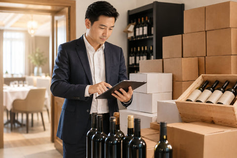 Hospitality manager reviewing bulk wine orders with stacked cases and assorted bottles