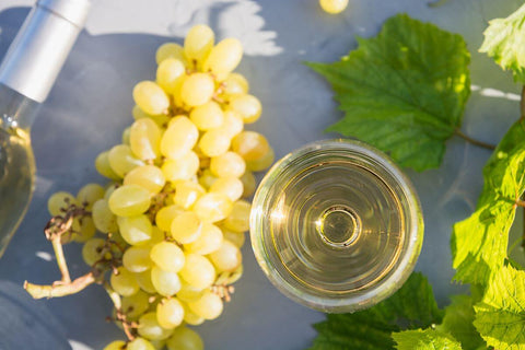 White wine glass with green grapes and vine leaves, representing a comparison of Chenin Blanc and Sauvignon Blanc